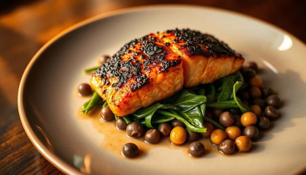Blackened Salmon with Spinach and Black-Eyed Peas presentation