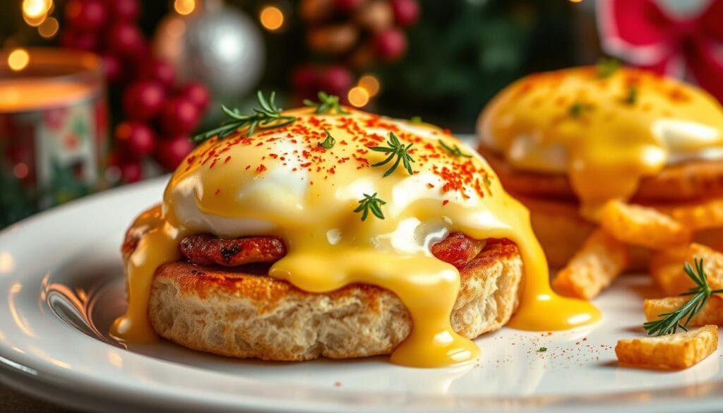 Classic eggs benedict with festive garnish