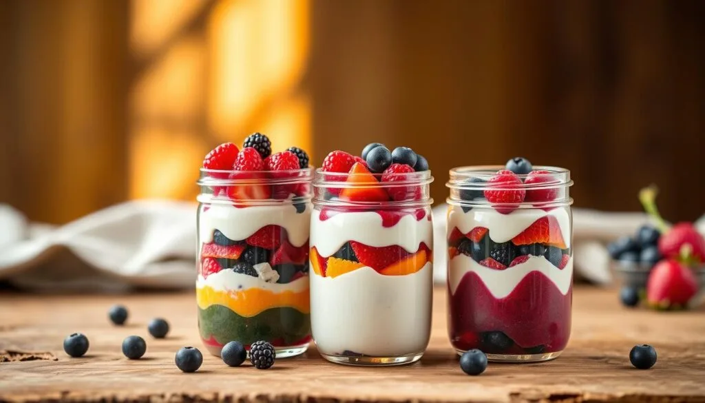 Colorful fruit-based parfaits in glass jars Colorful fruit-based parfaits in glass jars