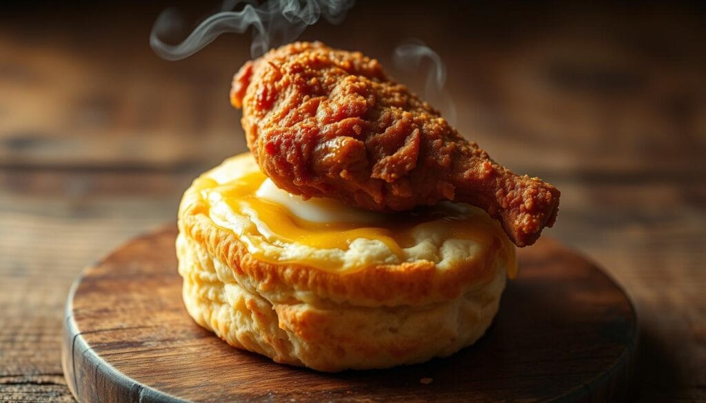 Golden-brown homemade biscuit with chicken ready from oven Golden-brown homemade biscuit with chicken ready from oven