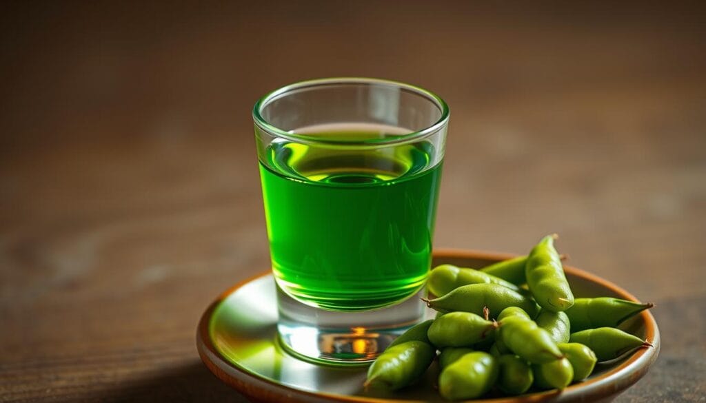 Green tea shot with edamame snacks