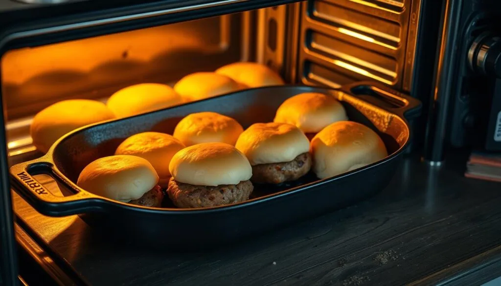 Homemade sausage sliders baking in an oven Homemade sausage sliders baking in an oven