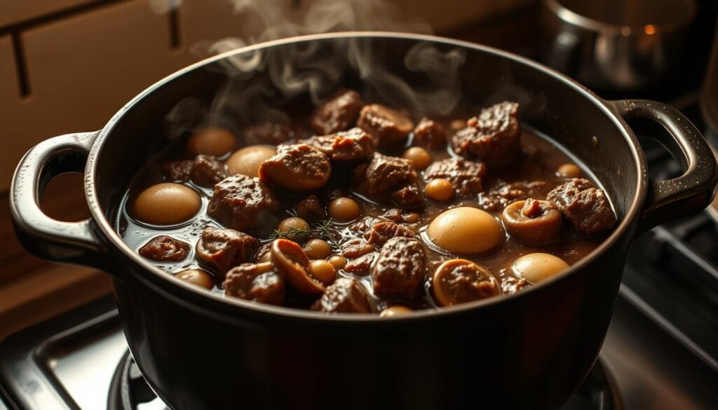 Slow cooker beef Bourguignon simmering in a Dutch oven