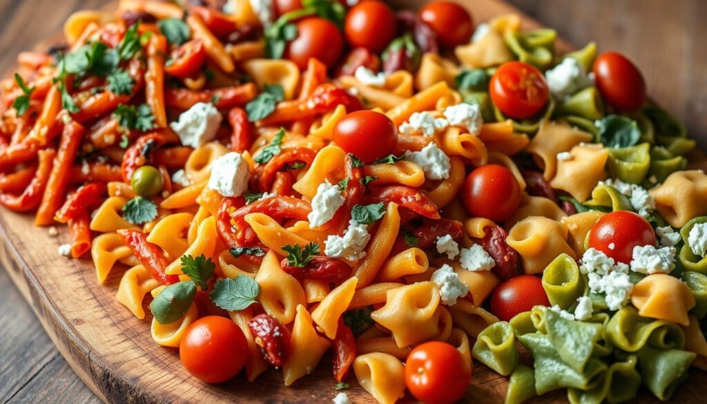 colorful cold pasta dishes arranged on a wooden board