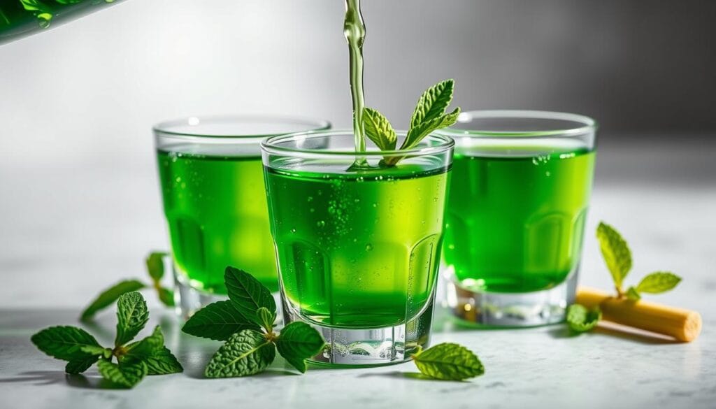 green tea shot serving ideas in chilled glasses