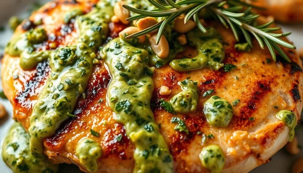 homemade avocado pesto drizzled over grilled chicken with herbs