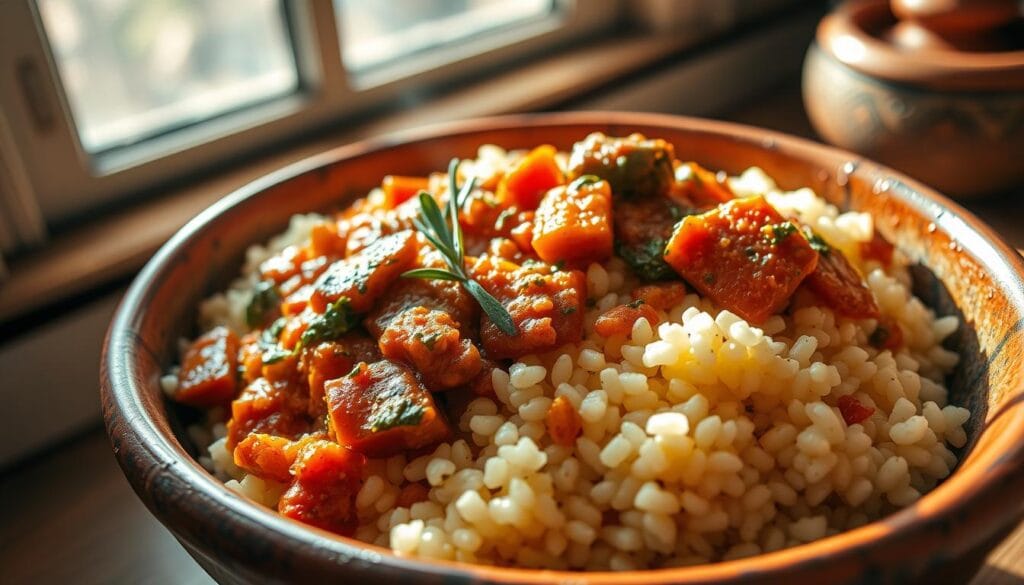 homemade couscous dish with vibrant sauce