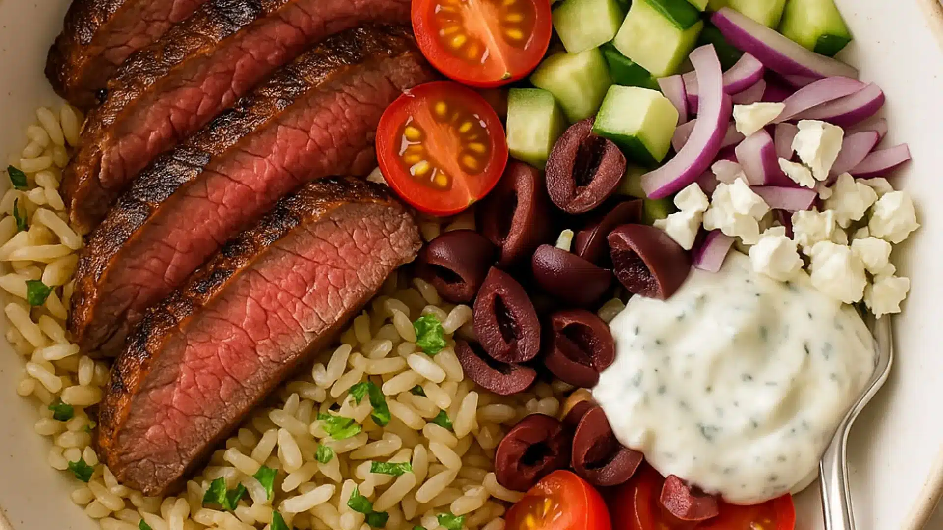 A healthy Mediterranean steak bowl with grilled steak slices, herbed rice, cherry
