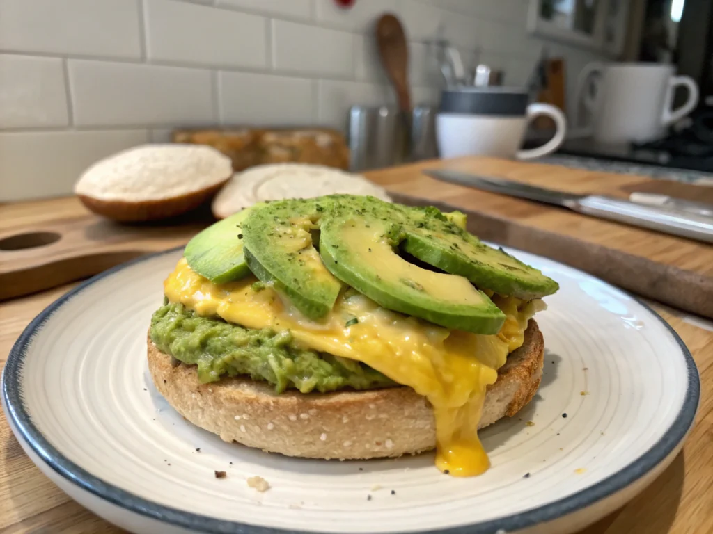 an image of [cheesy egg and guacamole breakfast sandwiches recipe] dish presented in a table