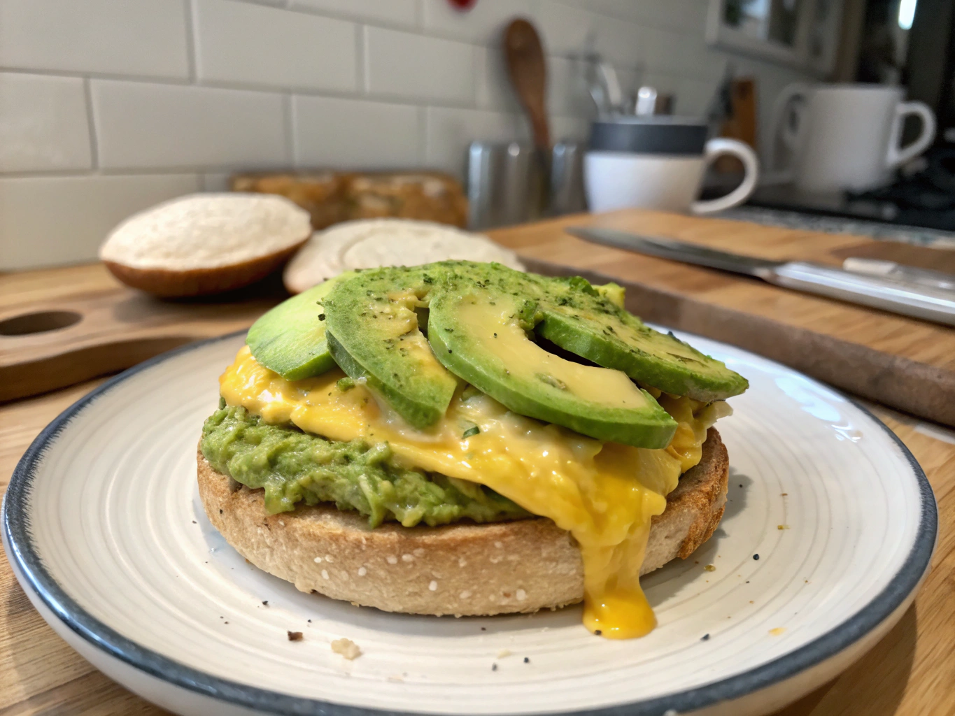 an image of [cheesy egg and guacamole breakfast sandwiches recipe] dish presented in a table