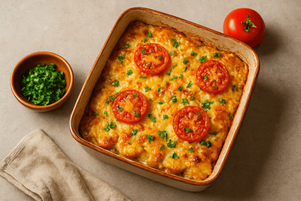 Golden baked casserole topped with melted cheese, fresh tomato slices, and parsley in a ceramic dish on a kitchen counter.