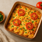 Golden baked casserole topped with melted cheese, fresh tomato slices, and parsley in a ceramic dish on a kitchen counter.