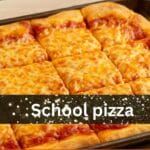 A homemade school pizza with melted cheese and pepperoni slices on a golden crust, served on a tray for a nostalgic cafeteria-style meal.