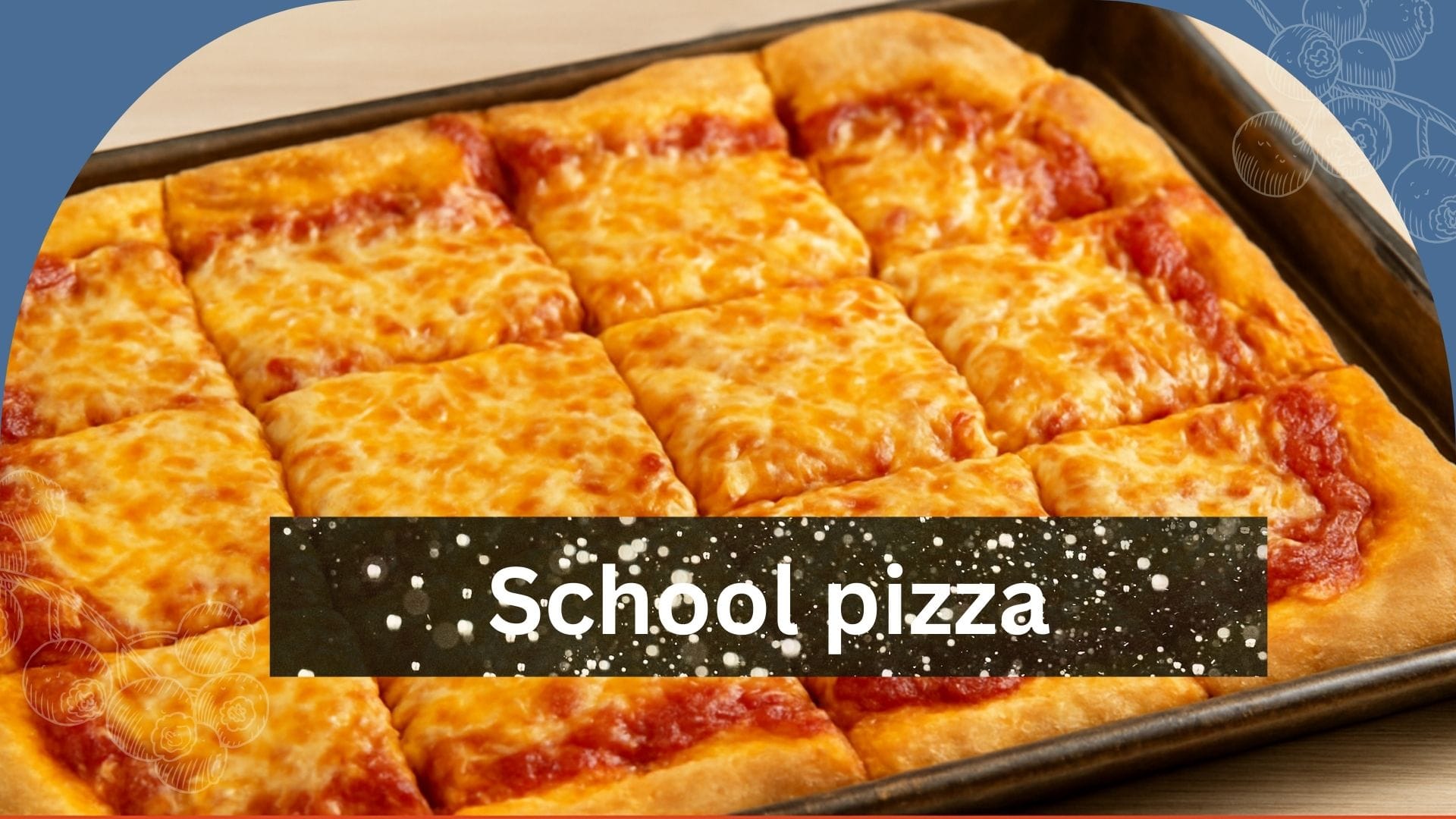 A homemade school pizza with melted cheese and pepperoni slices on a golden crust, served on a tray for a nostalgic cafeteria-style meal.